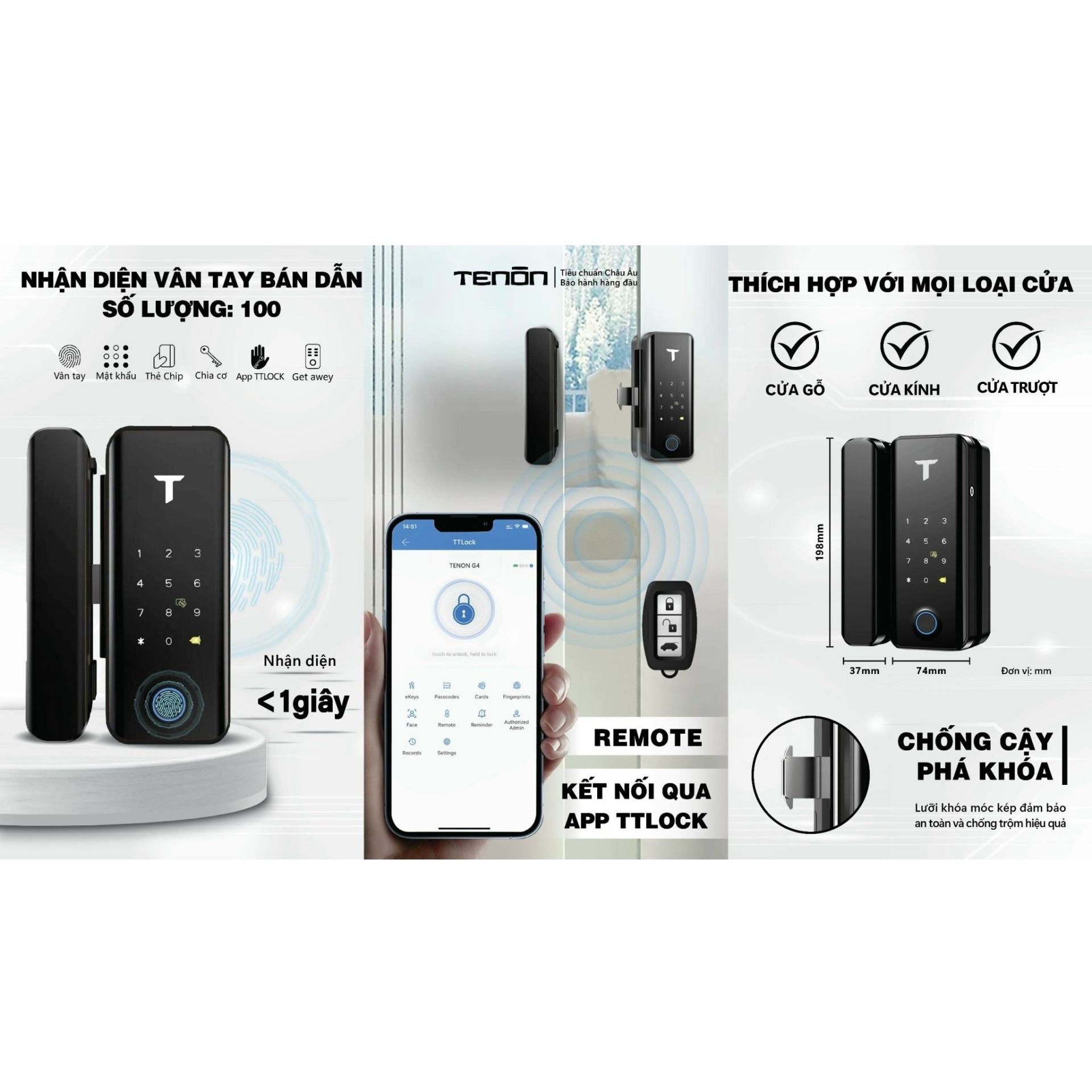 Khóa cửa kính Tenon G4, Khóa Cửa lùa Kính Cường Lực, Khóa cửa kính cường lực, Cửa khóa thông minh